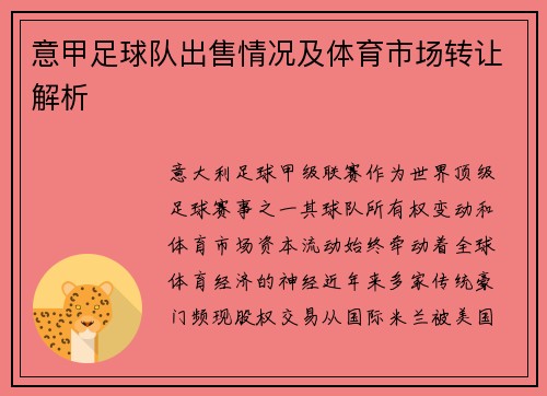 意甲足球队出售情况及体育市场转让解析