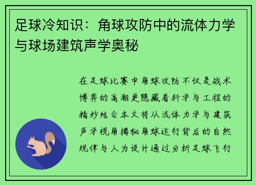 足球冷知识：角球攻防中的流体力学与球场建筑声学奥秘